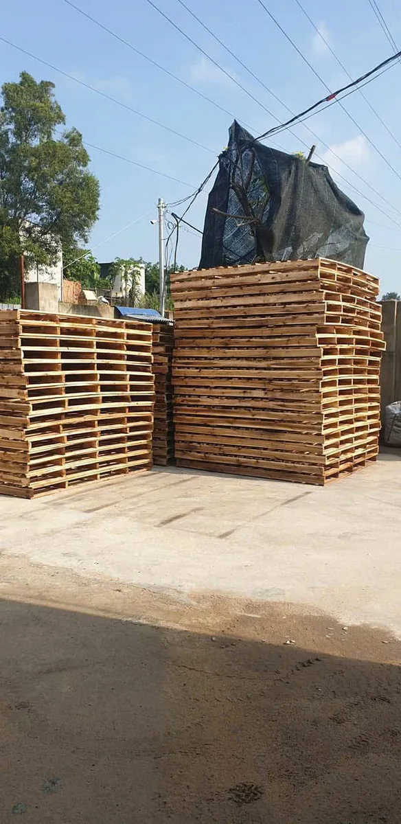 pallet gỗ xếp ngoài trời được phủ bạt để tránh mưa nắng