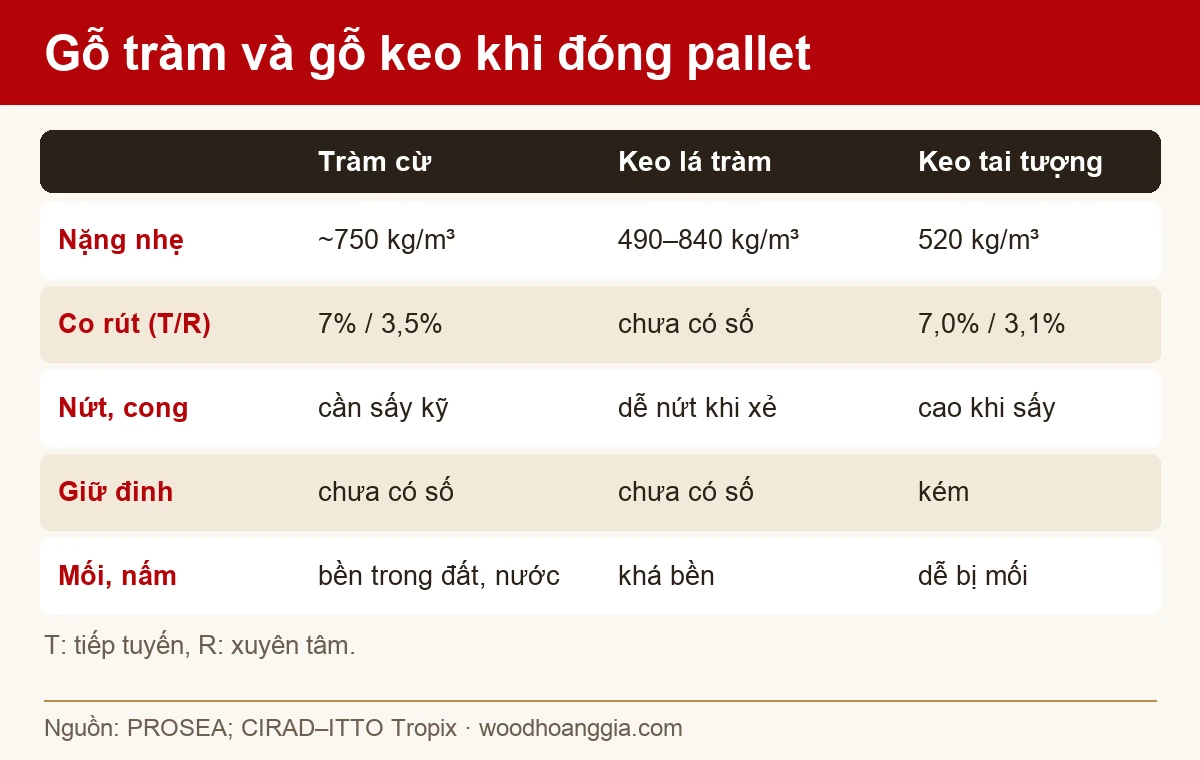 bảng so sánh đặc tính gỗ tràm cừ, keo lá tràm và keo tai tượng khi đóng pallet