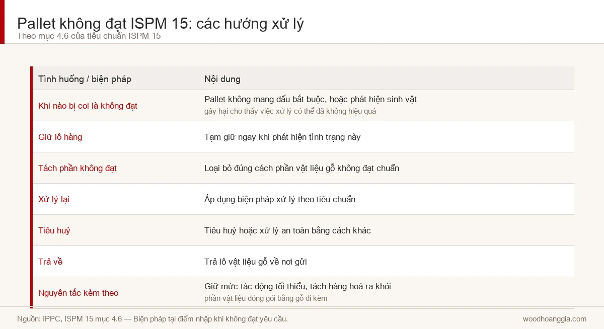 Bảng các hướng xử lý khi pallet không đạt ISPM 15 tại cửa khẩu